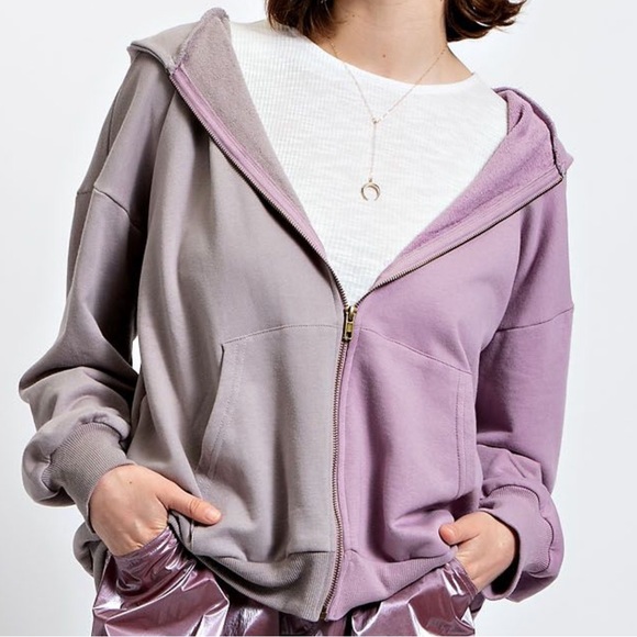 Easel Los Angeles Tops - EASEL DUSTY LAVENDER COLOR BLOCK ZIP UP HOODIE JACKET
